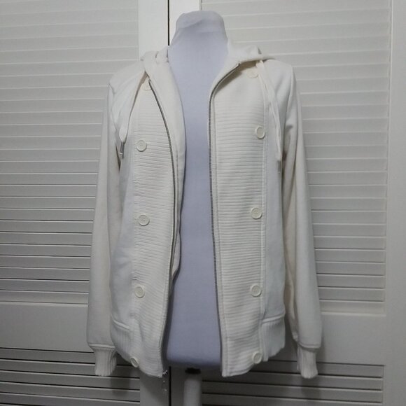 Guess Cream Full Zip Hoodie Button Ribbed Detail - Picture 5 of 13